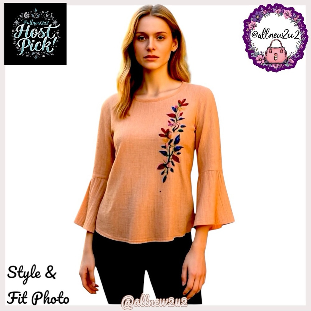 St. John’s Bay Pink Embroidered Boho Blouse Soft Pink Taupe Size Medium - Picture 2 of 13